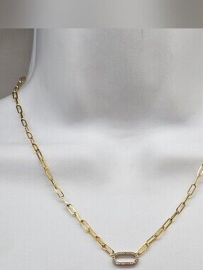 Gold Over Sterling Paperclip Chain Necklace with Pavé Diamonds Big Link Italy